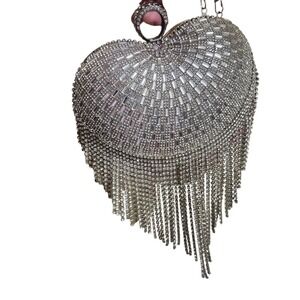 Heart Shaped Rhinestone Bag Silver Metallic Dangle Jewels Sparkly Chain Strap